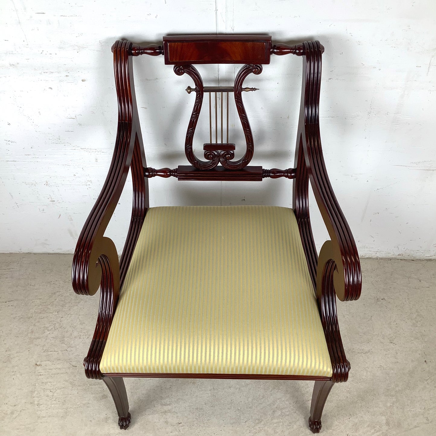 Elegant Vintage Lyre-Back Mahogany Accent Chair With Upholstered Seat
