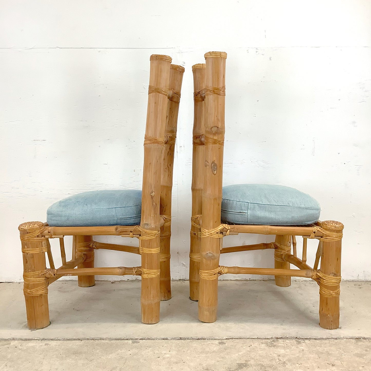 Pair Tall Boho Modern Bamboo Chairs