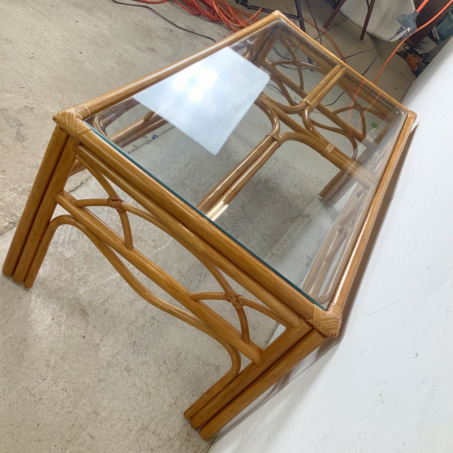 Vintage Rattan Cocktail Table, Cathedral Arch Apron with Glass Top