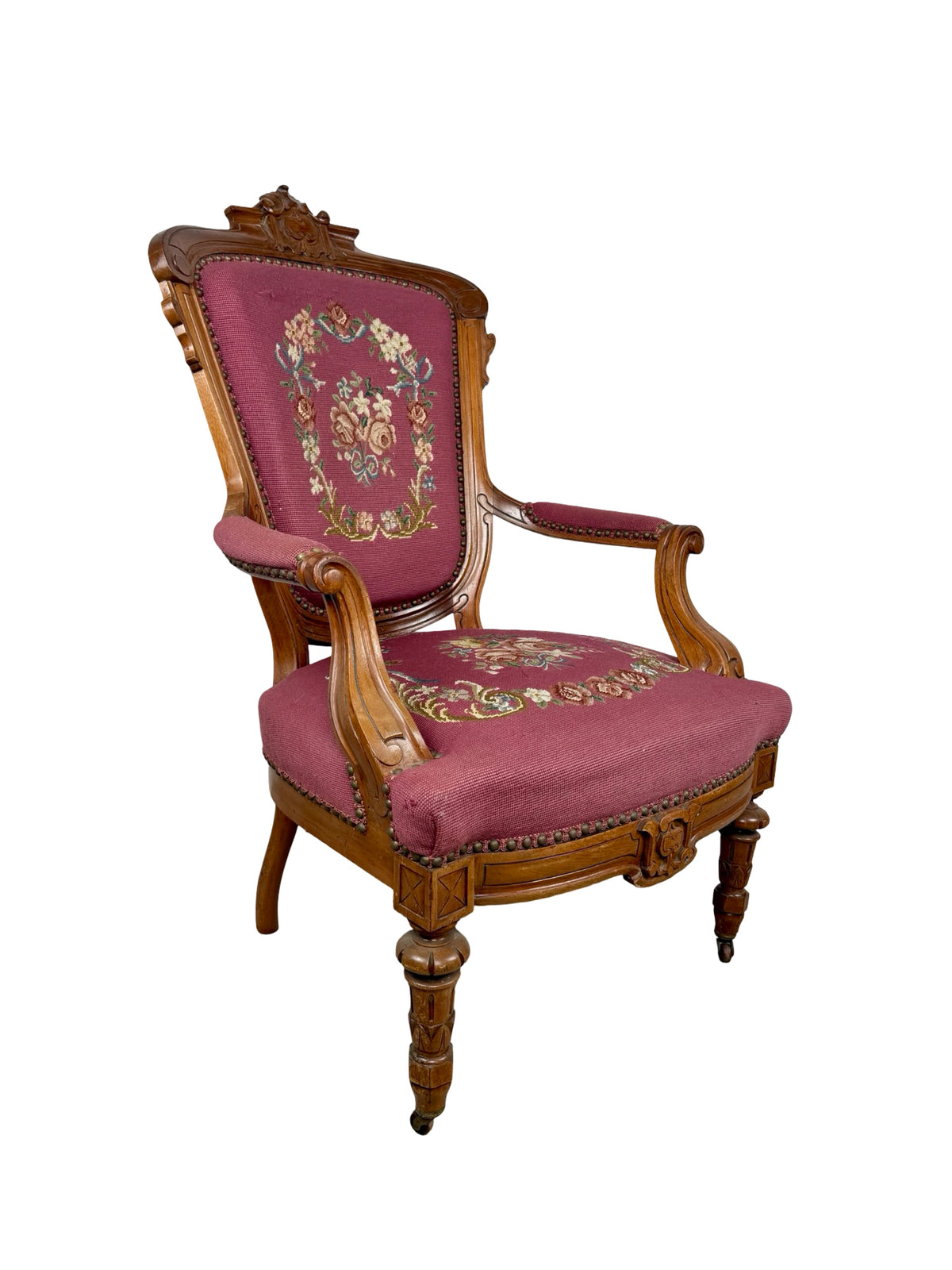 Vintage Renaissance Revival Carved Armchair with Burgundy Floral Upholstery