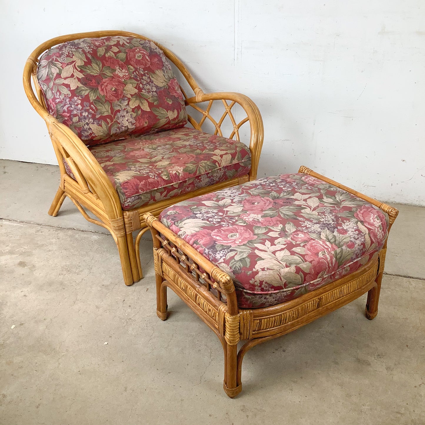 Ficks Reed Style Rattan Lounge Chair and Ottoman | Arched Diamond Lattice Back