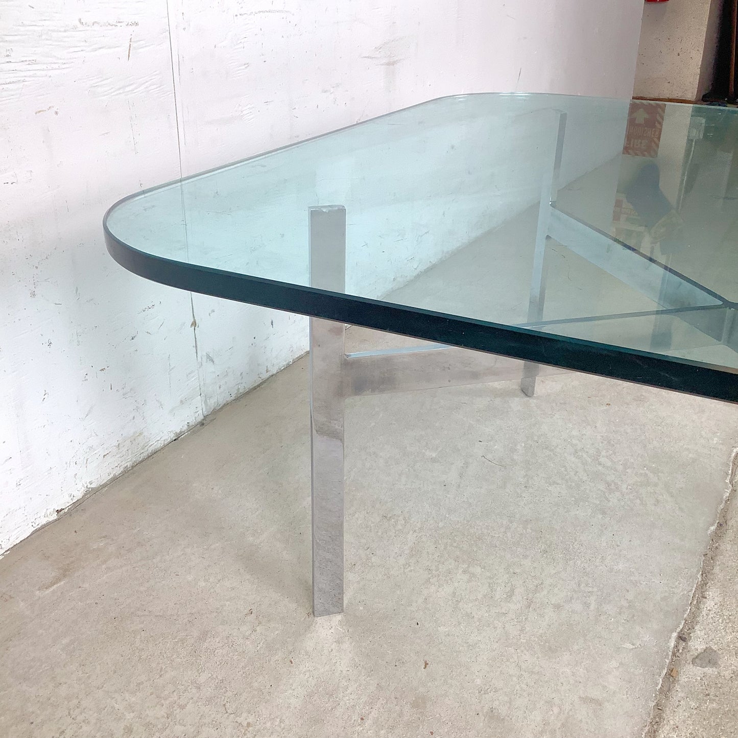 Vintage Barcelona-Style Coffee Table | Brushed Chrome X-Base | Thick Glass | 36" Square | c. 1970s–1980s