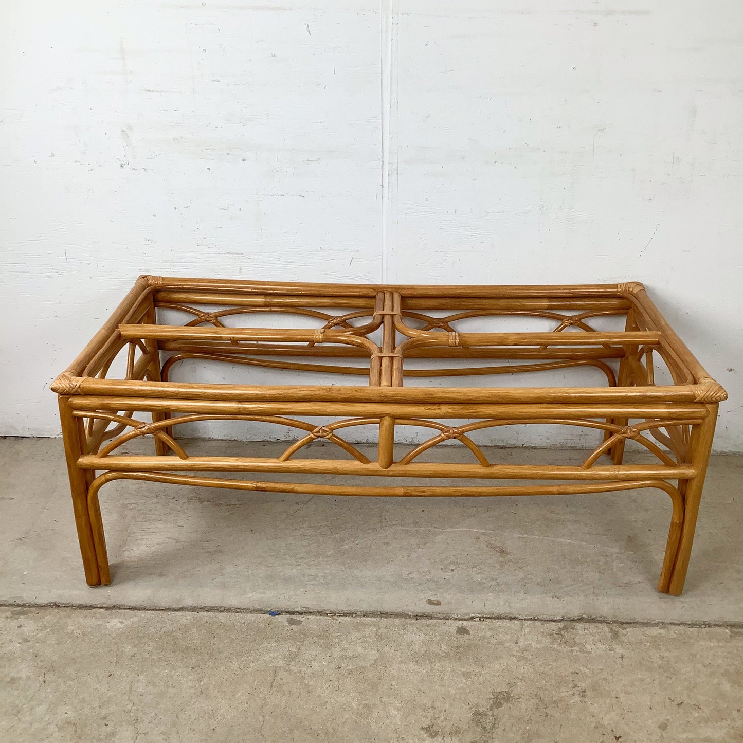 Vintage Rattan Cocktail Table, Cathedral Arch Apron with Glass Top