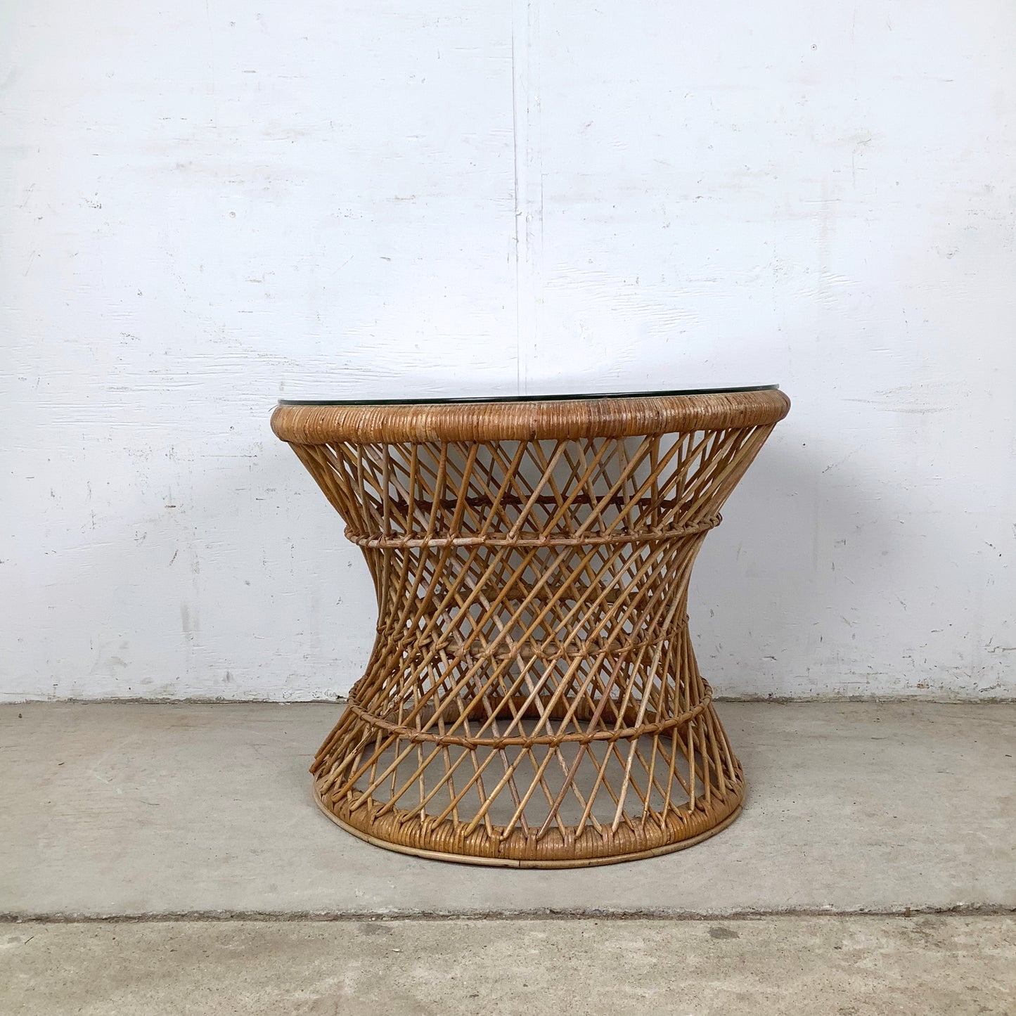 Vintage Wicker Drum Table With Glass Top