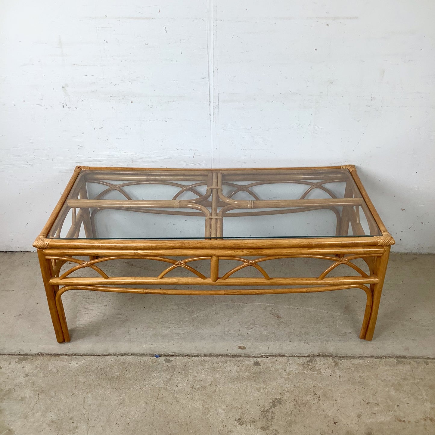 Vintage Rattan Cocktail Table, Cathedral Arch Apron with Glass Top