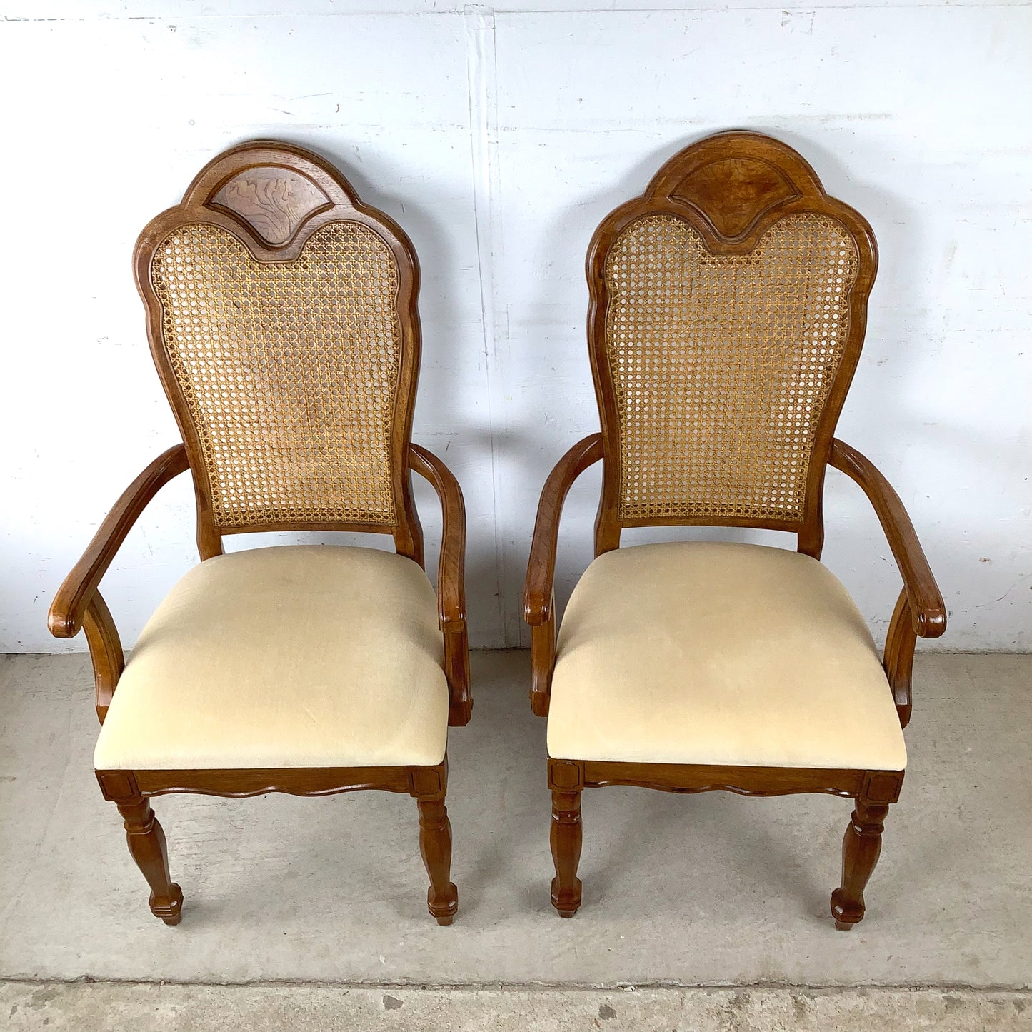 Pair of Vintage Provincial High-Back Cane Armchairs — Walnut, Burlwood Crest, 1970s