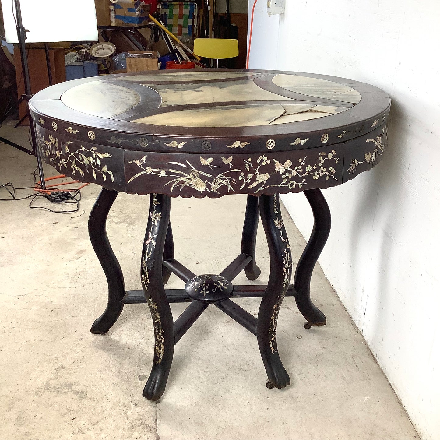 20th Century Chinese Export Center Table Wtih Stone Top and Decorative Inlay