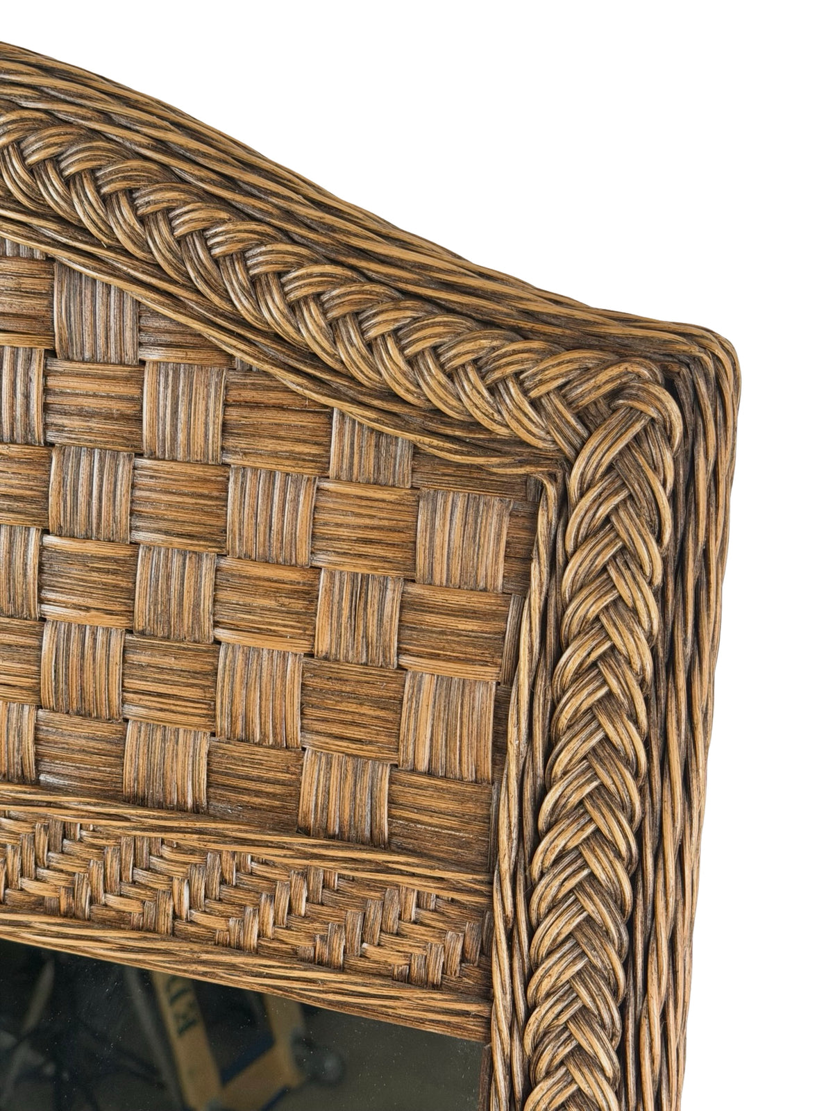 Vintage Arched Wicker Wall Mirror with Basket-Weave Panel and Braided Frame