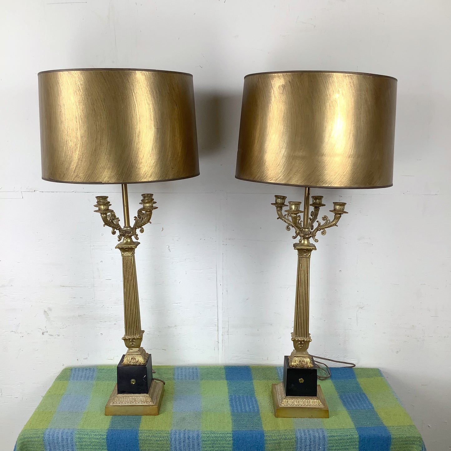 Pair of Neoclassical Brass Table Lamps with Fluted Columns and Ornate Candelabra Tops