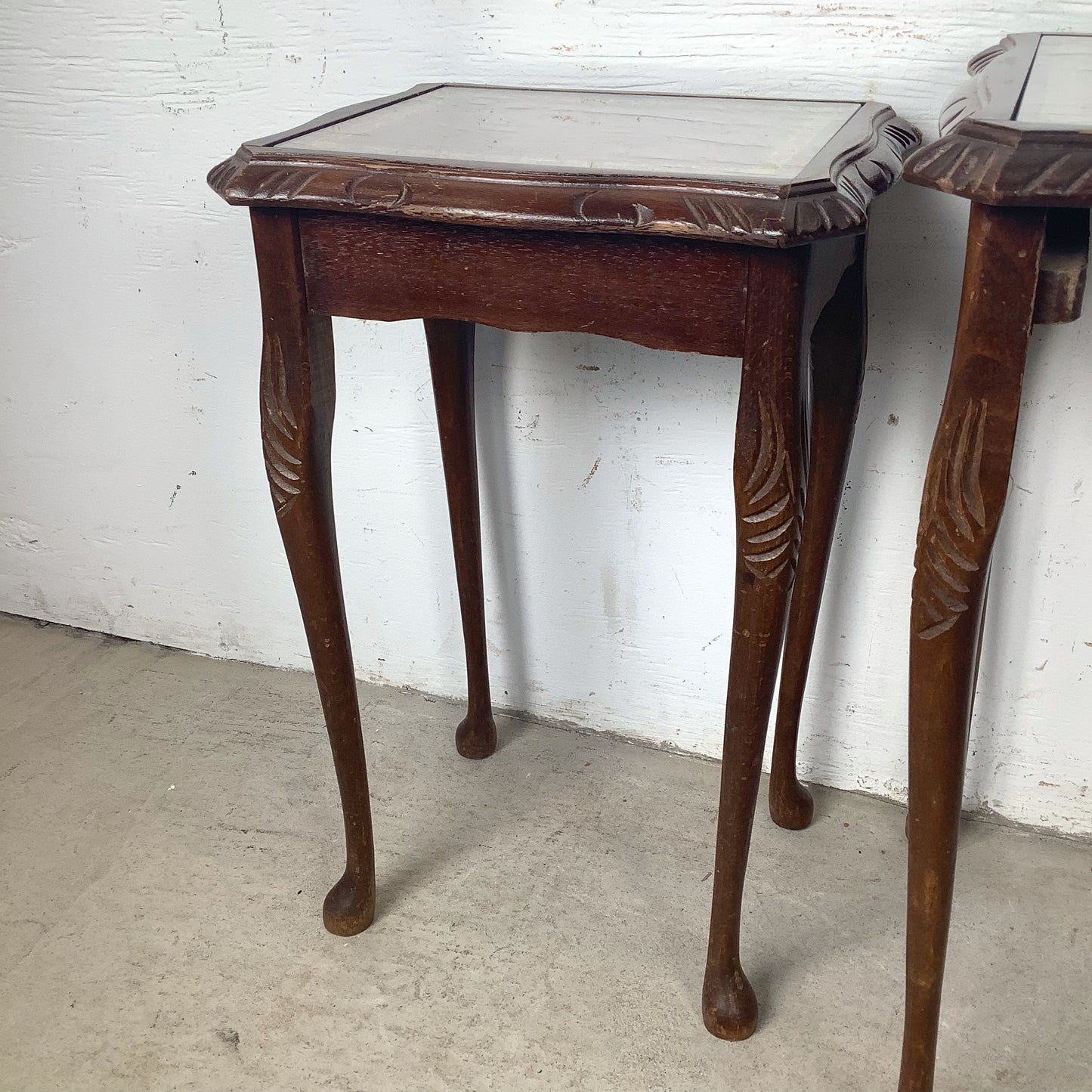 Vintage Queen Anne Style Nesting Tables with Tooled Leather Tops – Set of Three