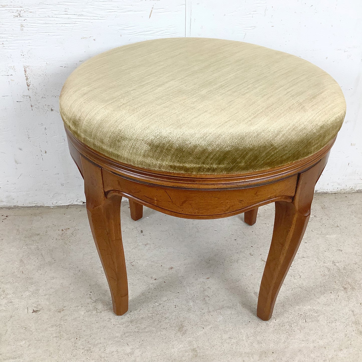 Vintage French Provincial Swivel Stool —Sage Velvet, Cabriole Legs, Mid-Century