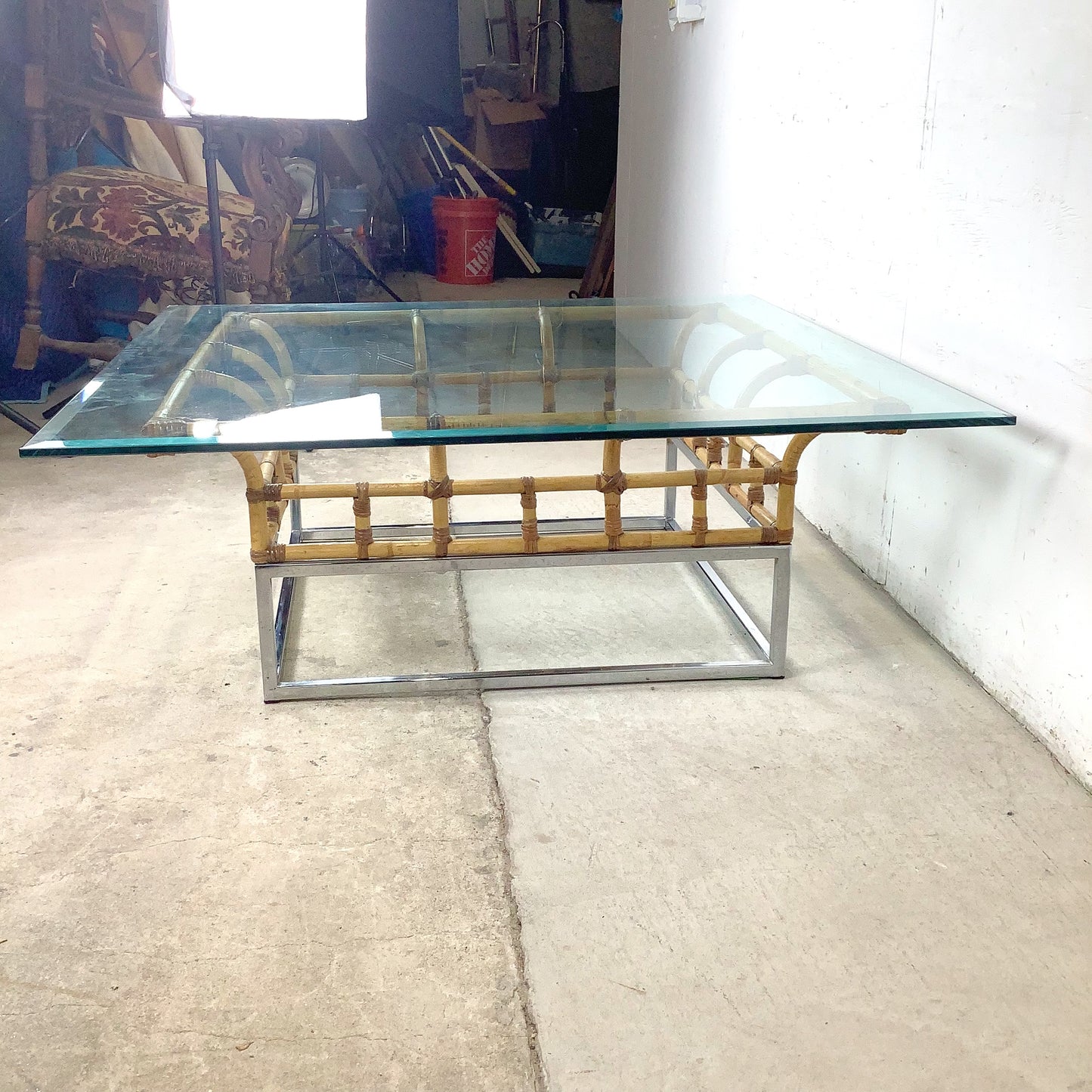 Vintage Hollywood Regency Bamboo, Chrome, and Glass Square Coffee Table