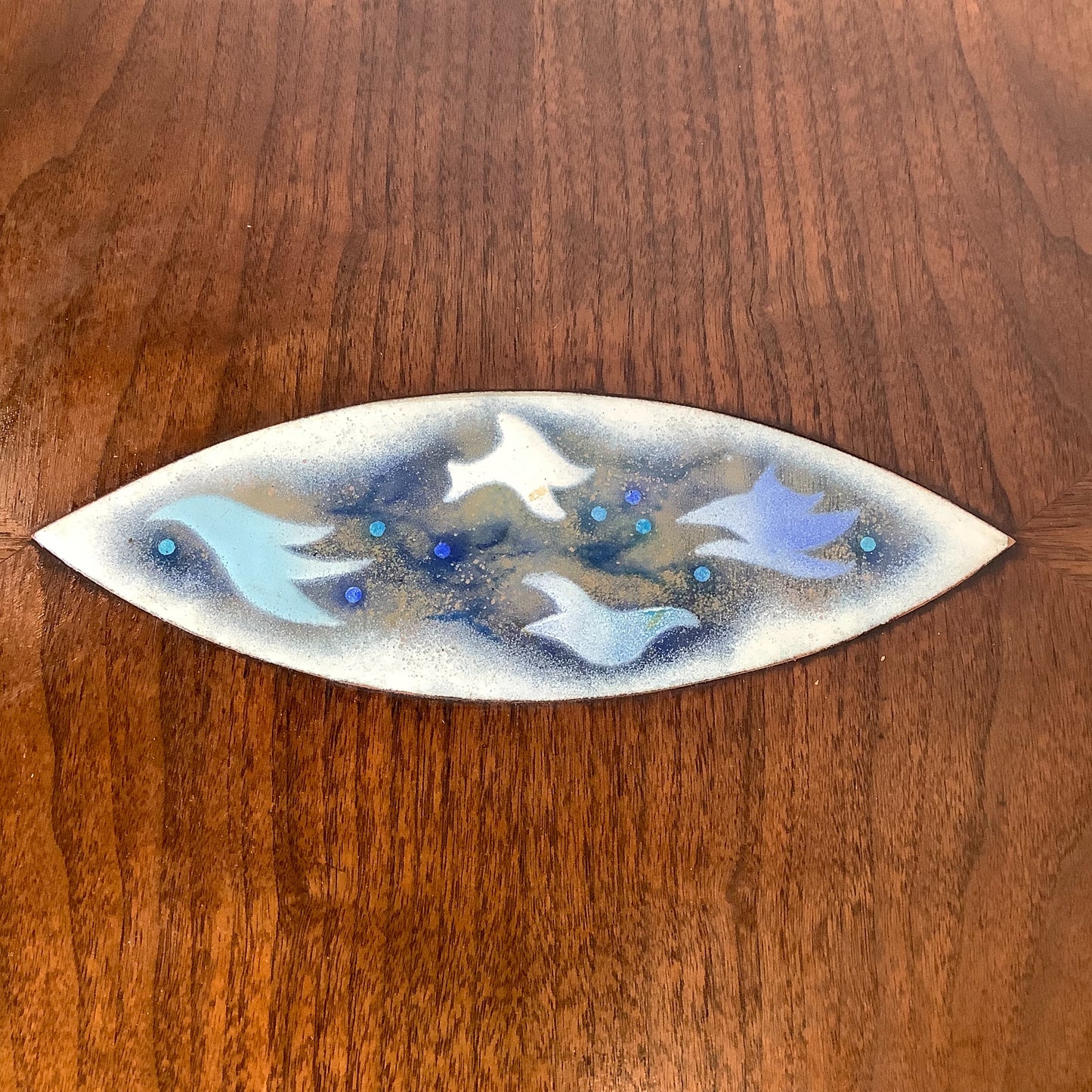 John Stuart Inc. Walnut Two-Tier End Table | Enamel Inlay | Splayed Legs | 1960s