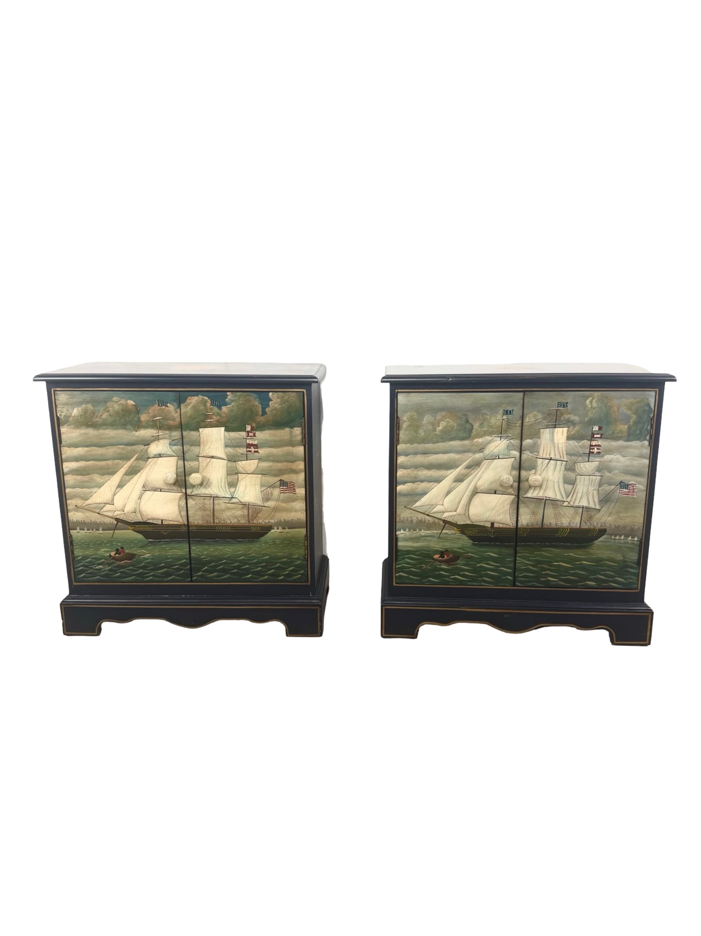 Pair of Hand-Painted Nautical Cabinets — Clipper Ship & Compass Rose Design