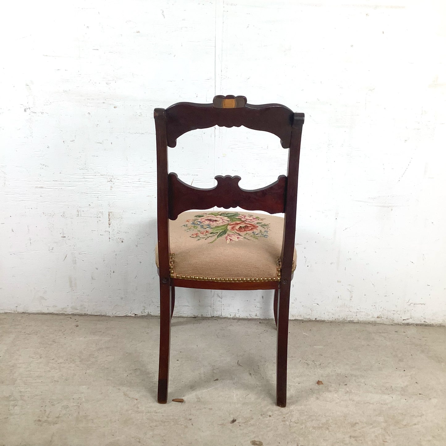  Vintage Chippendale Style Mahogany Side Chair with Floral Needlepoint Upholstered Seat