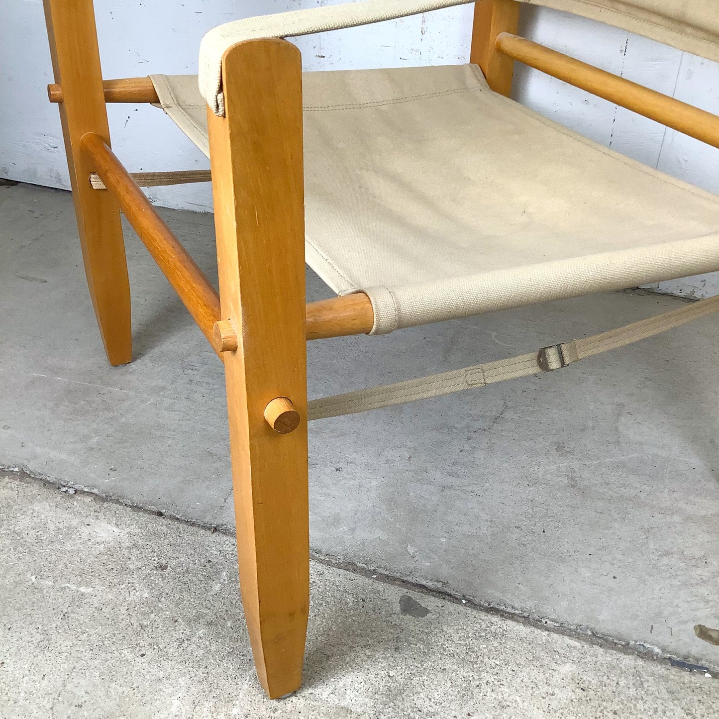 Vintage Scandinavian Style Safari Campaign Lounge Chair with Natural Canvas Sling