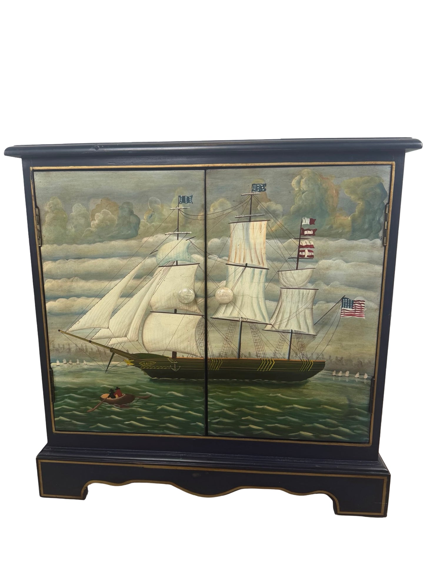 Pair of Hand-Painted Nautical Cabinets — Clipper Ship & Compass Rose Design
