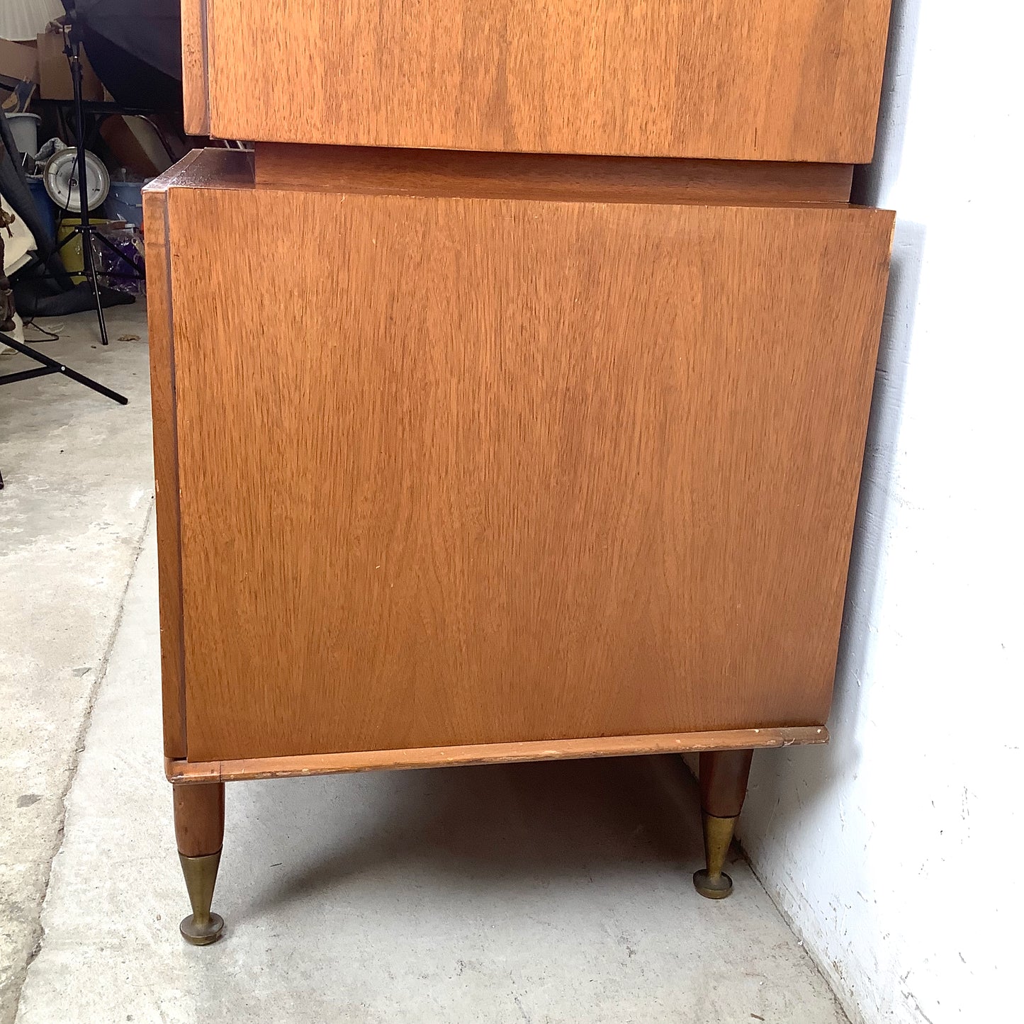 Mid-Century Walnut Highboy With Brass Pulls and Interior Drawers