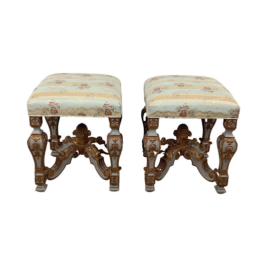 Vintage French Neoclassical–Style Upholstered Stools with Gilt Carving