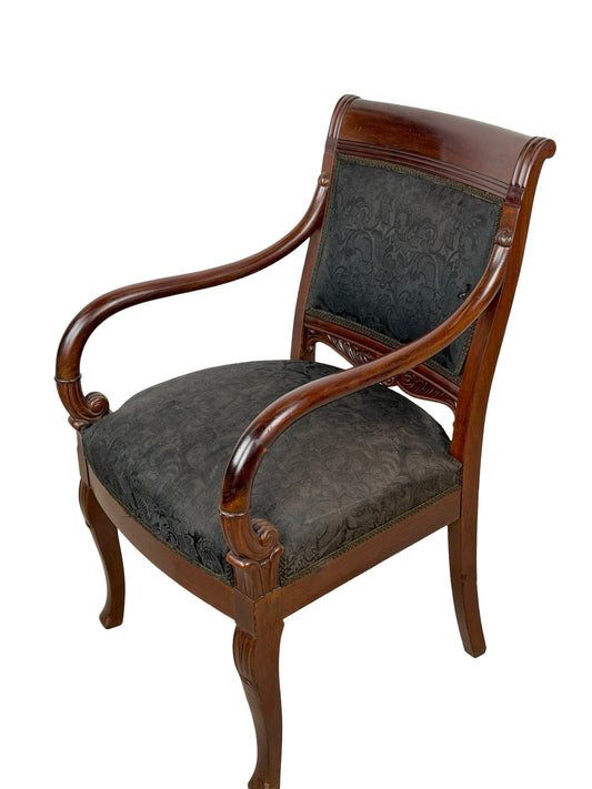 Empire Style Mahogany Armchair | Carved Acanthus Frame | Black Damask Upholstery | Neoclassical