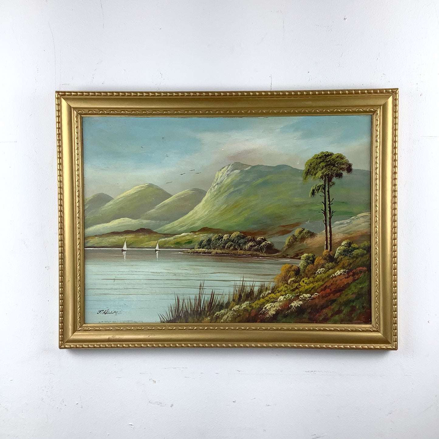 Antique Scottish Highland Loch Oil Painting | Signed J. Kellog | Original Gilt Frame