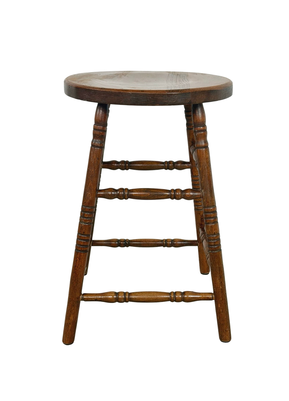 Antique Country Turned-Leg Round Wooden Stool, Primitive Farmhouse
