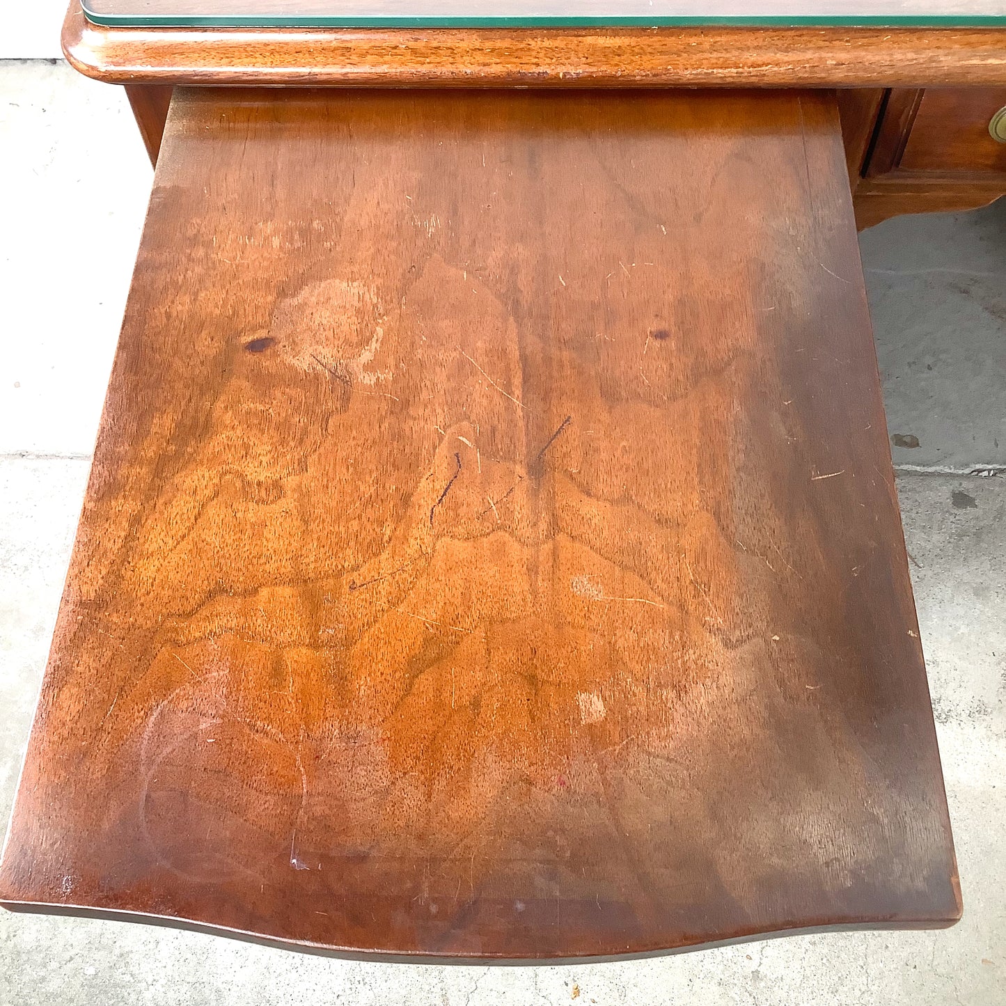 Antique Queen Anne Revival Kneehole Pedestal Desk | Burl Walnut | Brass Bail Pulls | Bun Feet |c. 20th C