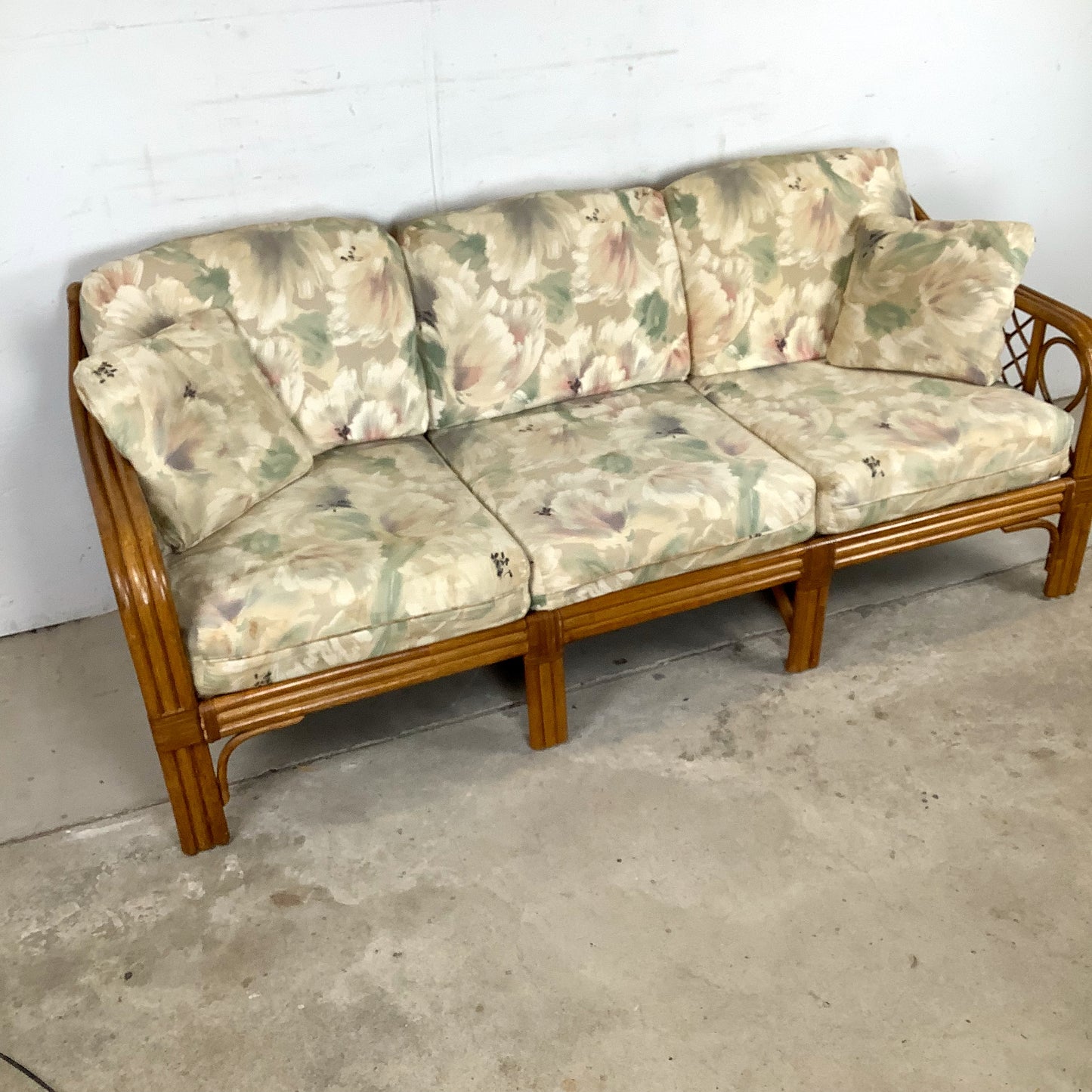 Vintage Rattan Three-Seat Sofa, Diamond Lattice Arms
