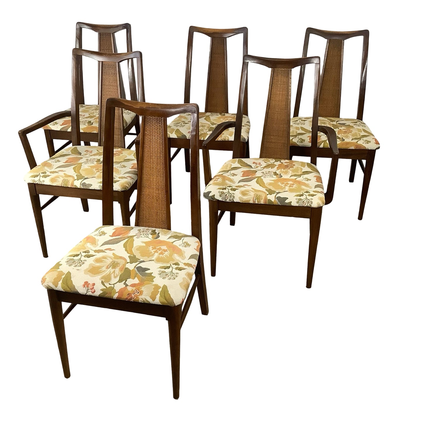 Vintage Mid-Century Modern Walnut & Cane Dining Chairs - Set of 6