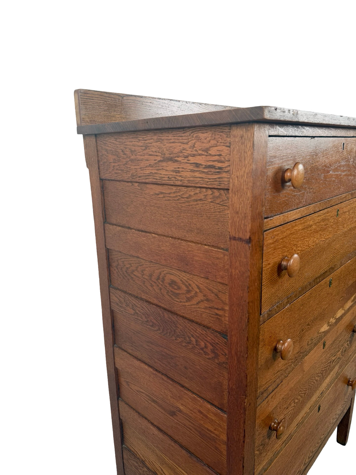 Antique Early 1900s Oak Five-Drawer Tall Chest of Drawers