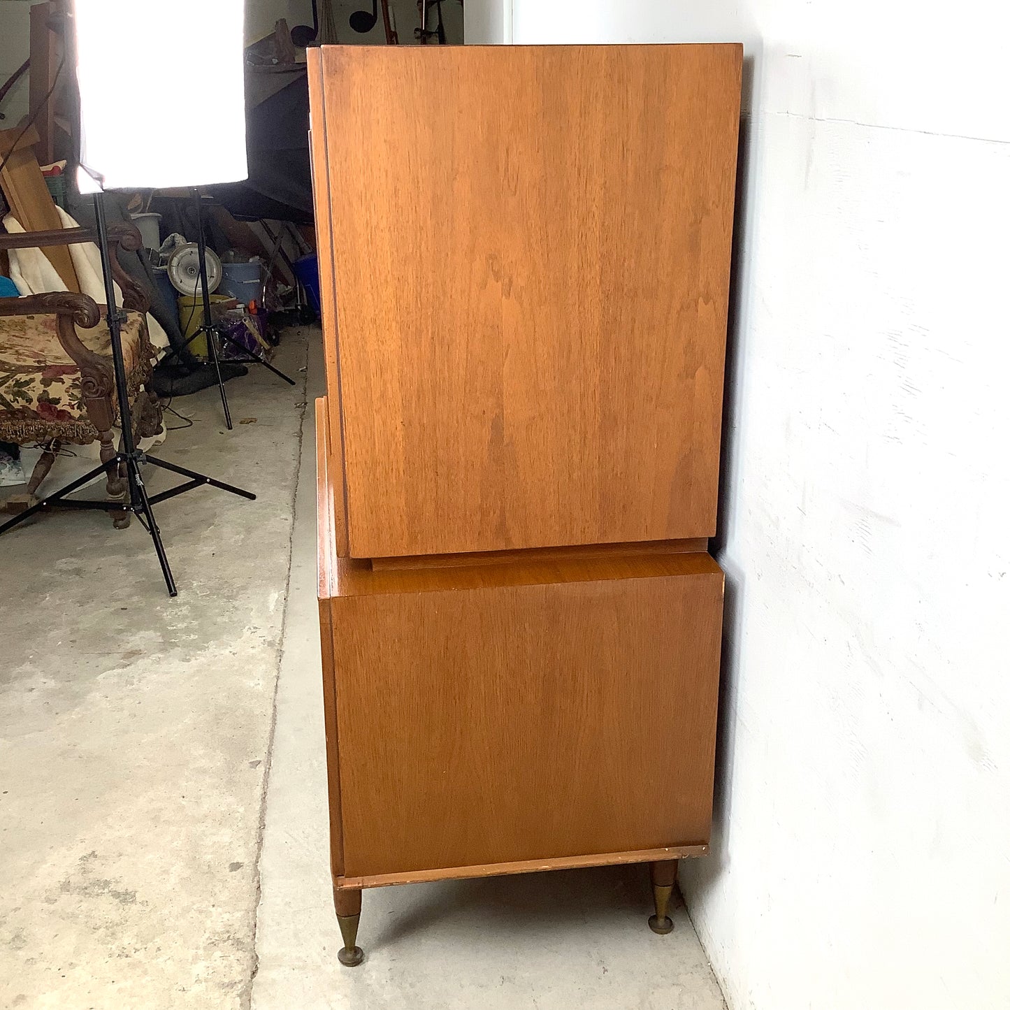Mid-Century Walnut Highboy With Brass Pulls and Interior Drawers