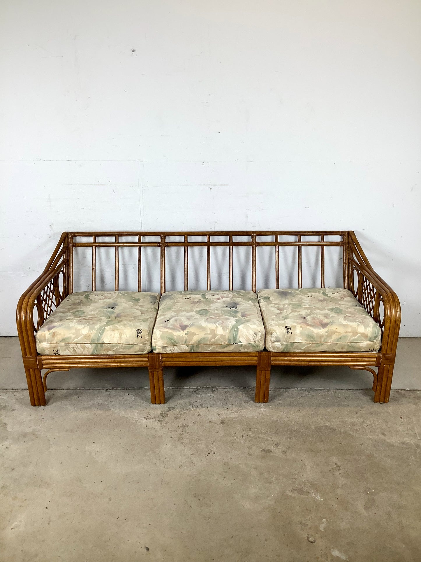 Vintage Rattan Three-Seat Sofa, Diamond Lattice Arms