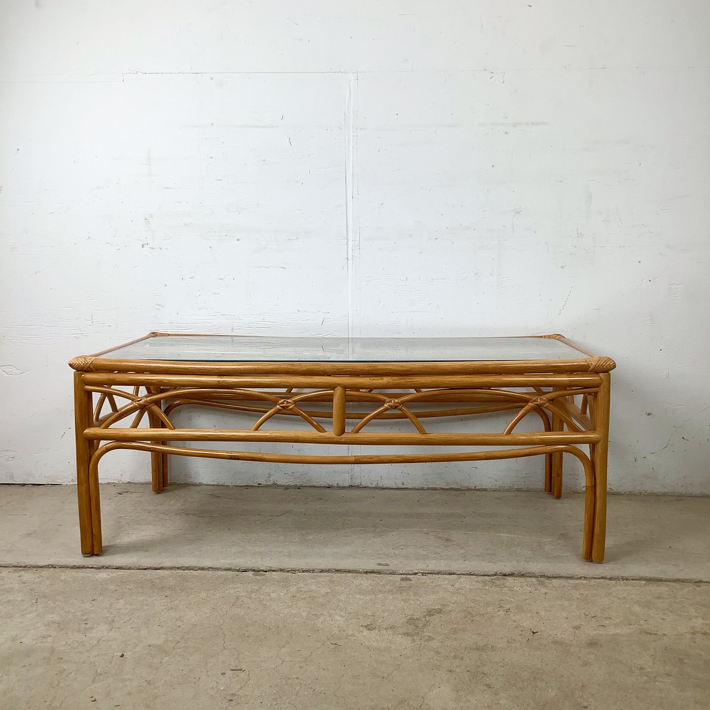 Vintage Rattan Cocktail Table, Cathedral Arch Apron with Glass Top