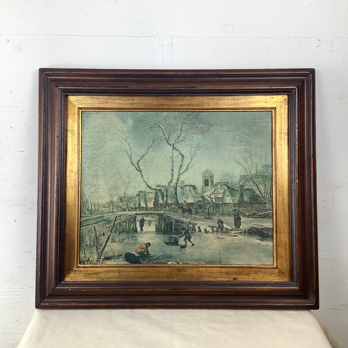 Antique Framed Winter Village Landscape, European Decorative Print