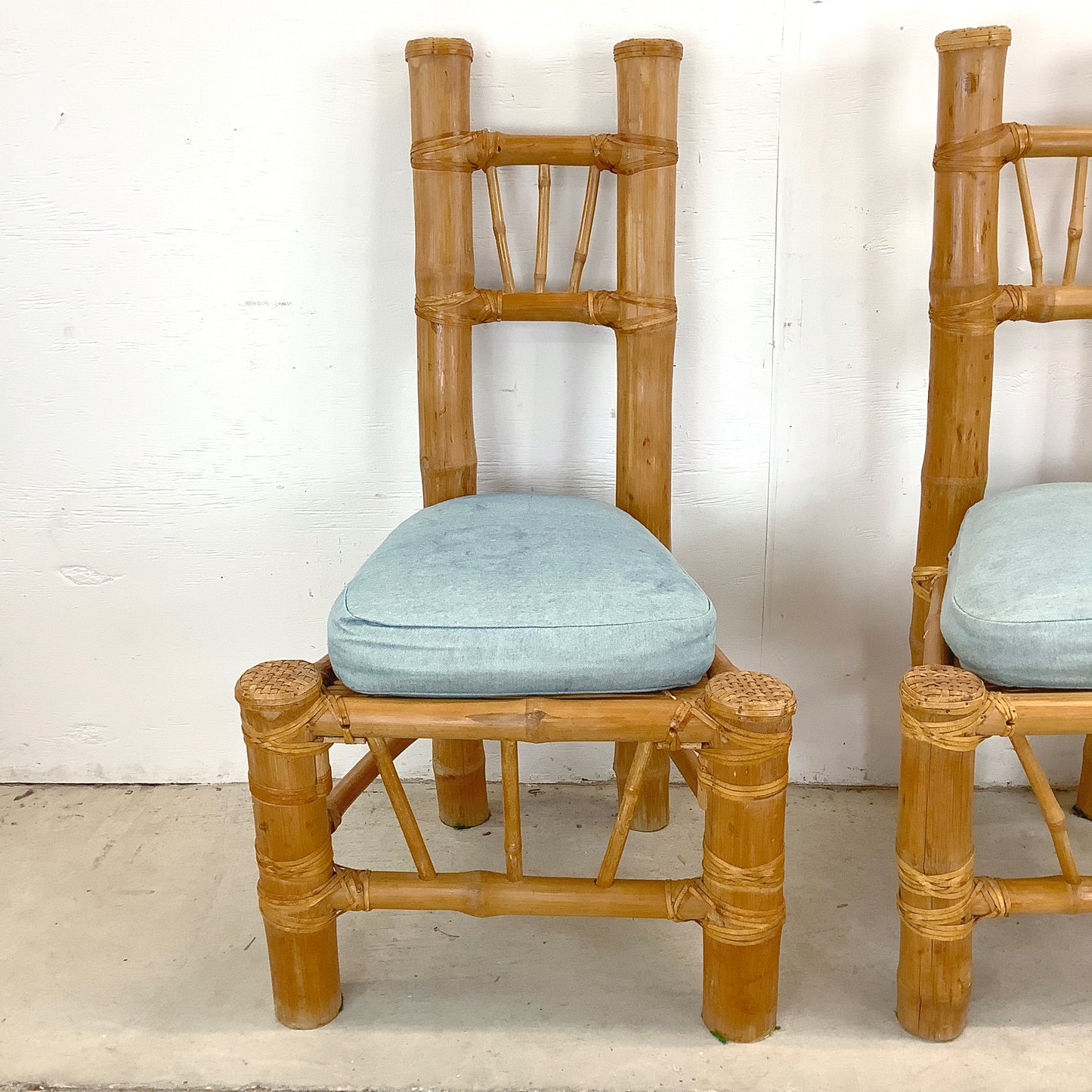 Pair Tall Boho Modern Bamboo Chairs