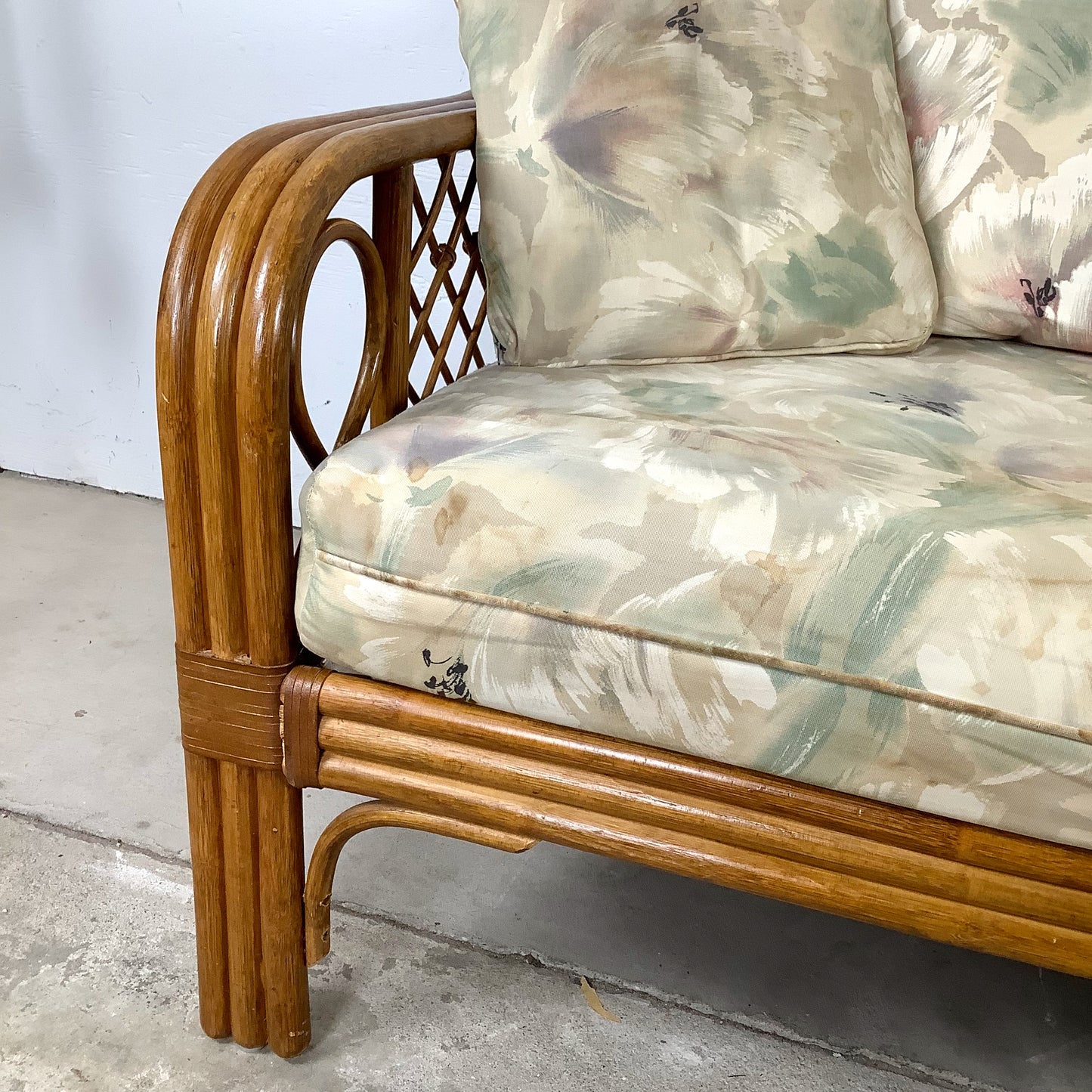 Vintage Rattan Three-Seat Sofa, Diamond Lattice Arms