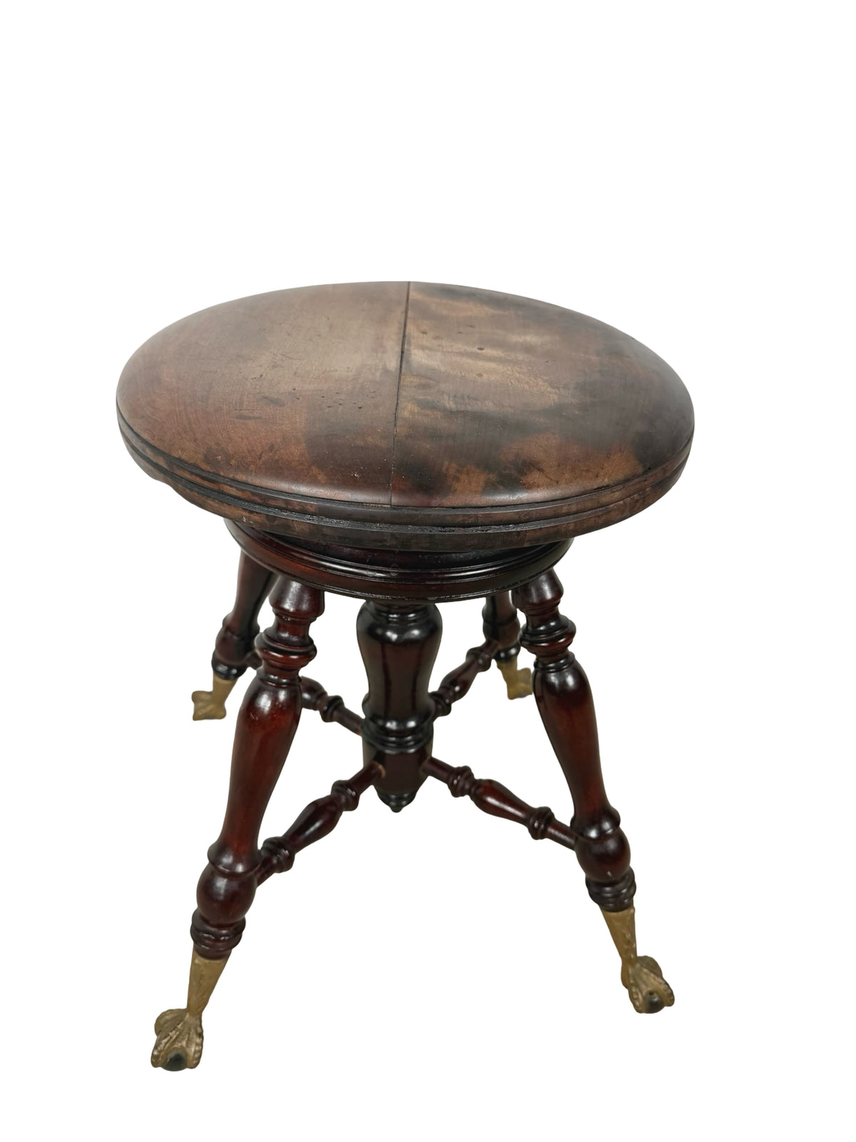Antique Adjustable Piano Stool with Glass Ball-and-Claw Feet