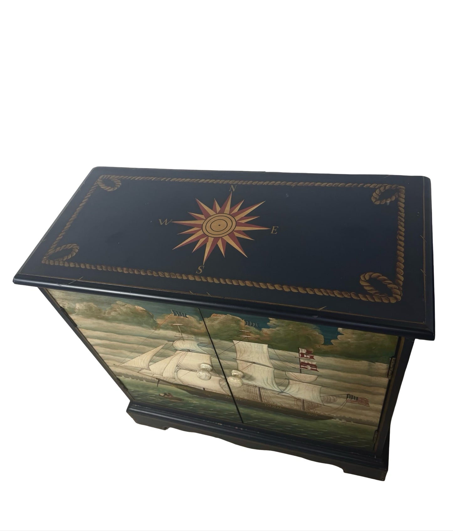 Pair of Hand-Painted Nautical Cabinets — Clipper Ship & Compass Rose Design