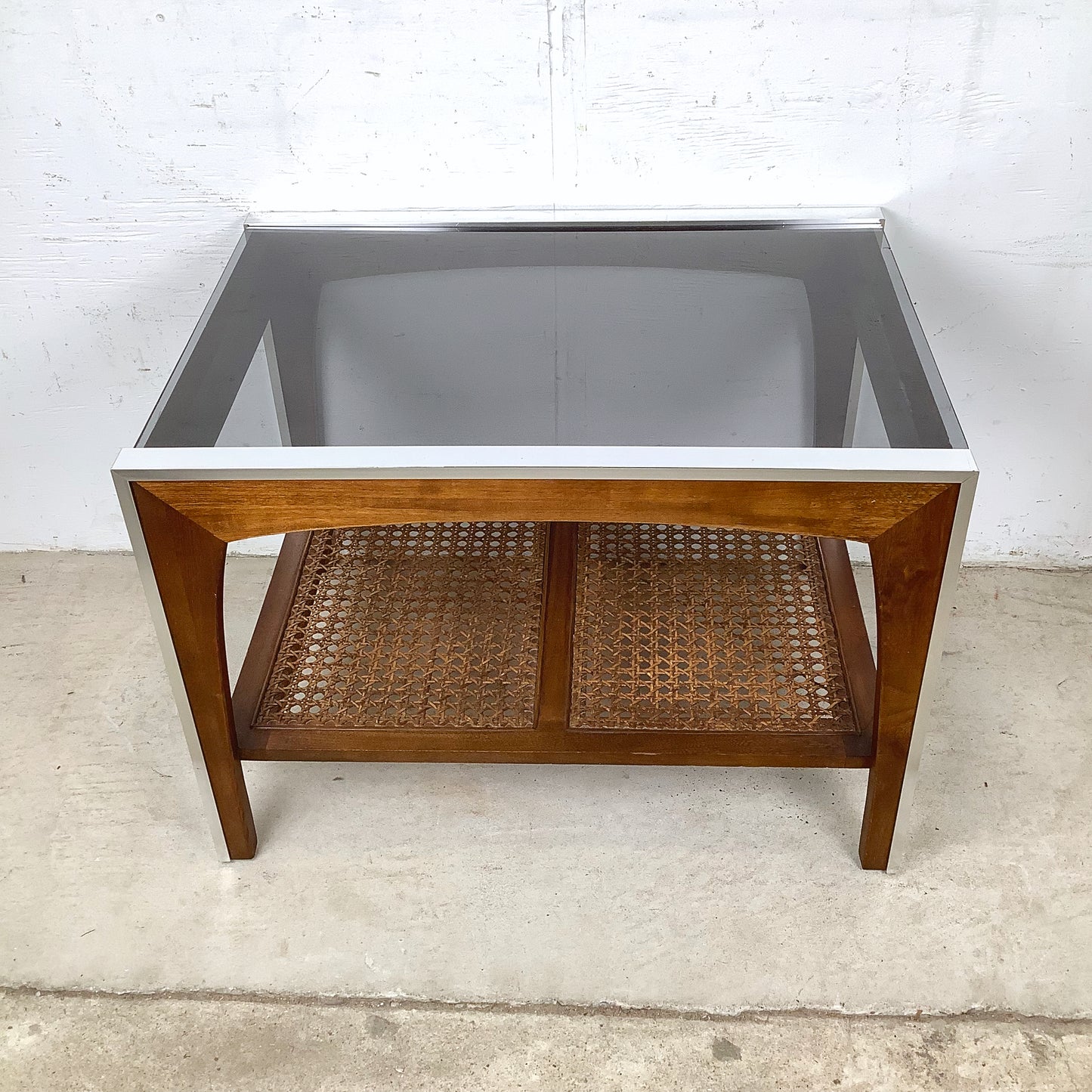 Lane Mid-Century End Table with Smoked Glass, Cane, and Wood Frame