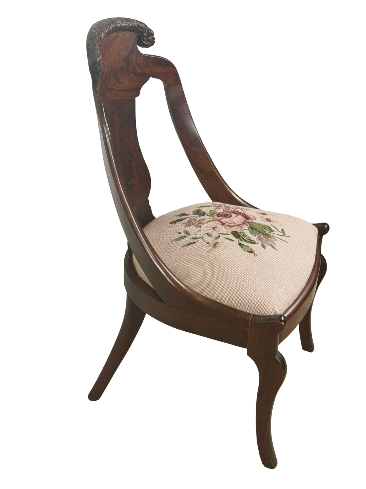 Antique Federal Style Carved Wood Side Chair with Floral Needlepoint Seat