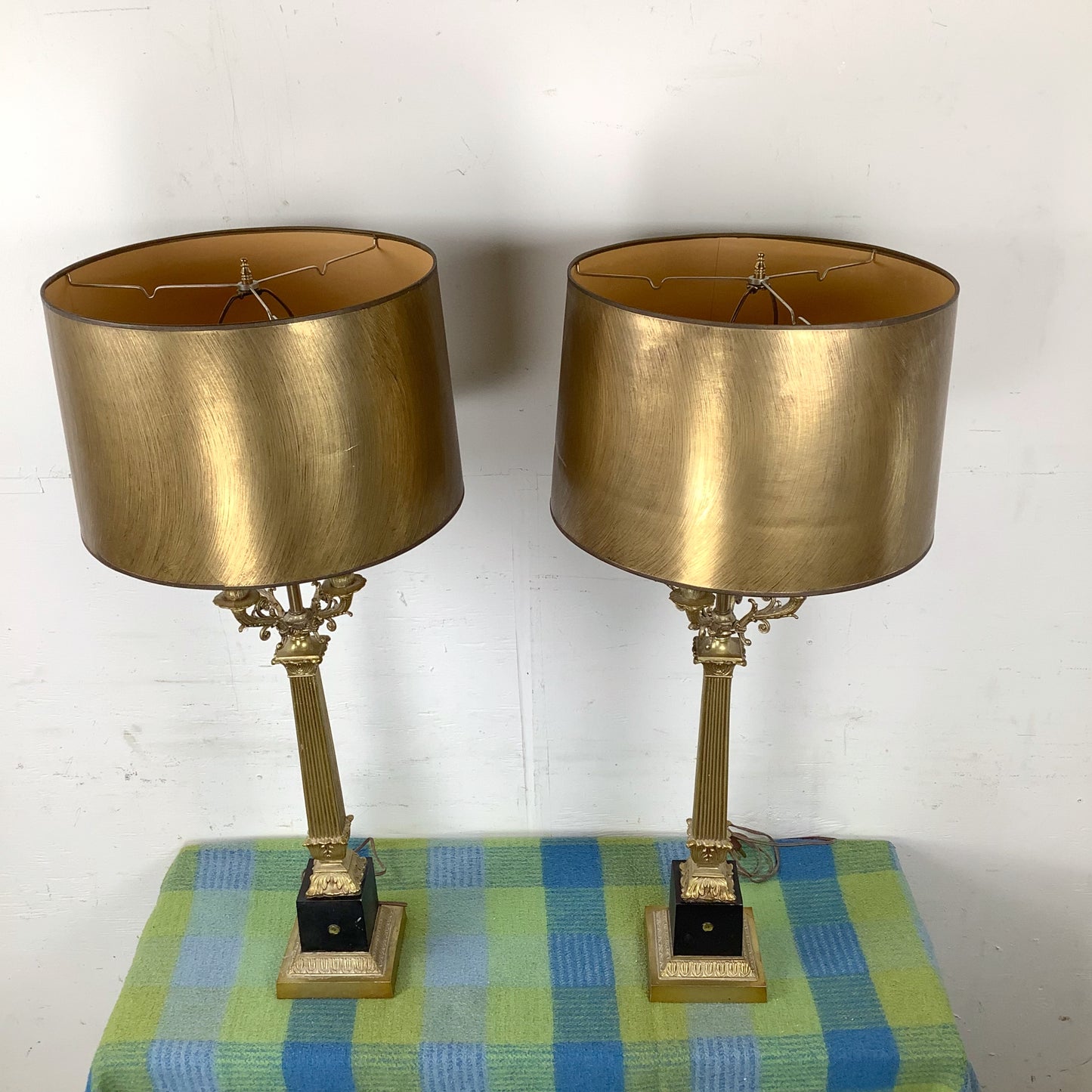 Pair of Neoclassical Brass Table Lamps with Fluted Columns and Ornate Candelabra Tops