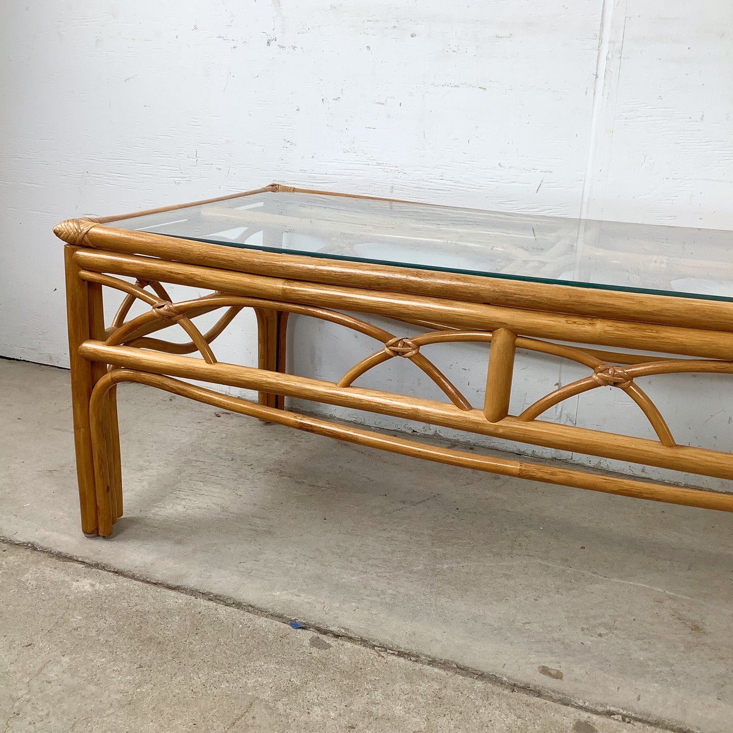 Vintage Rattan Cocktail Table, Cathedral Arch Apron with Glass Top