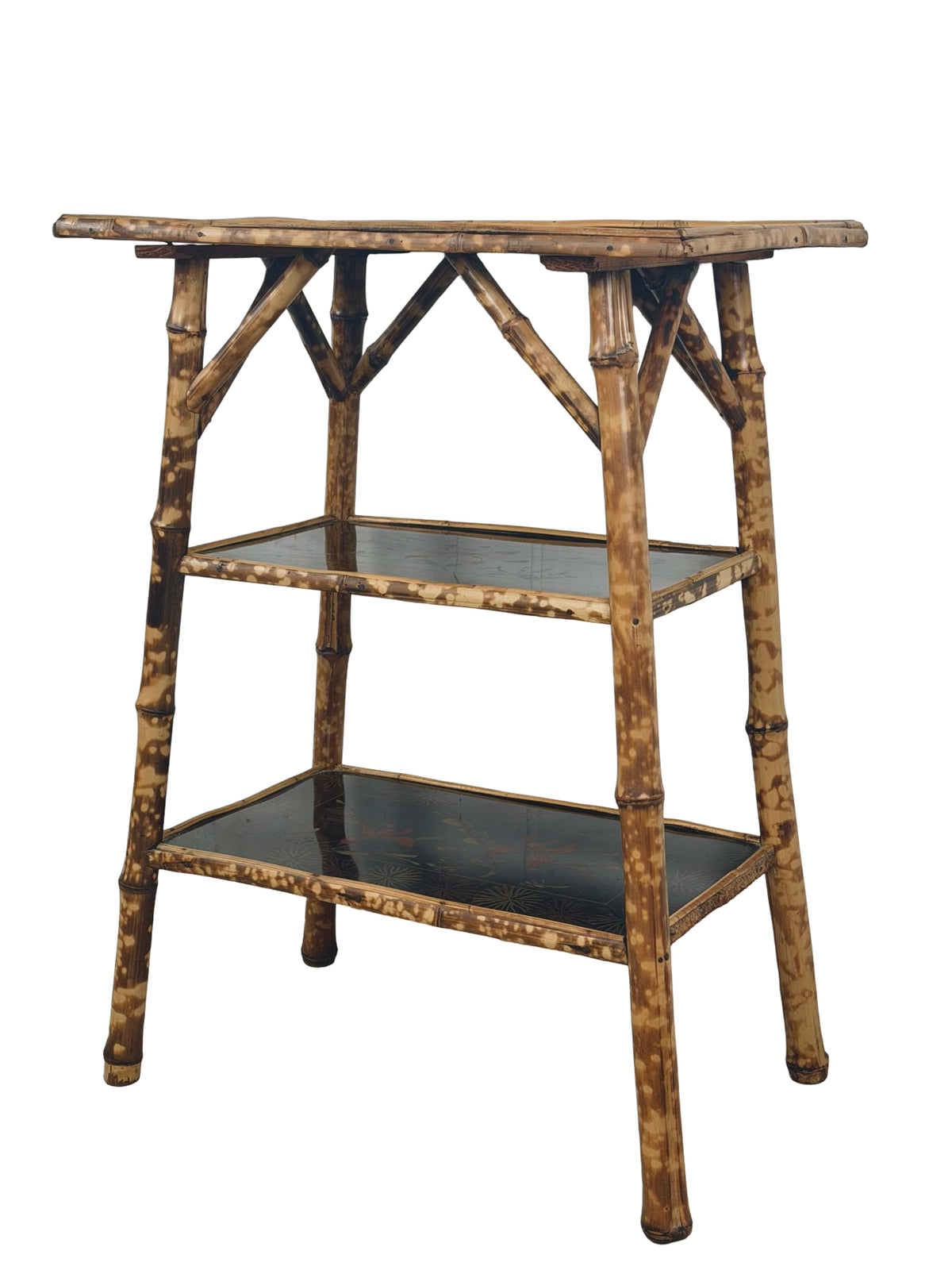 Antique Victorian Aesthetic Movement Tiger Bamboo Three-Tier Side Table with Floral Shelves