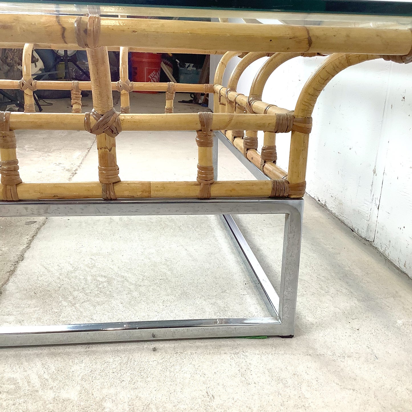 Vintage Hollywood Regency Bamboo, Chrome, and Glass Square Coffee Table