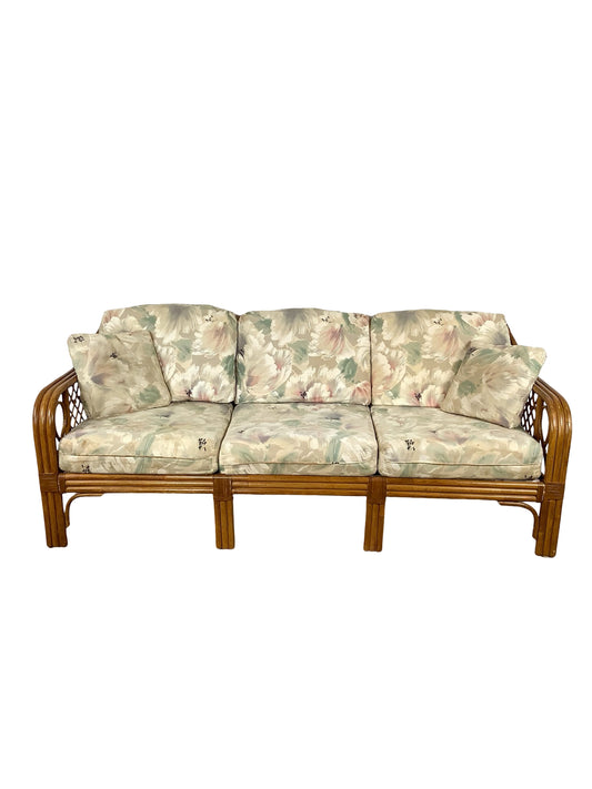 Vintage Rattan Three-Seat Sofa, Diamond Lattice Arms