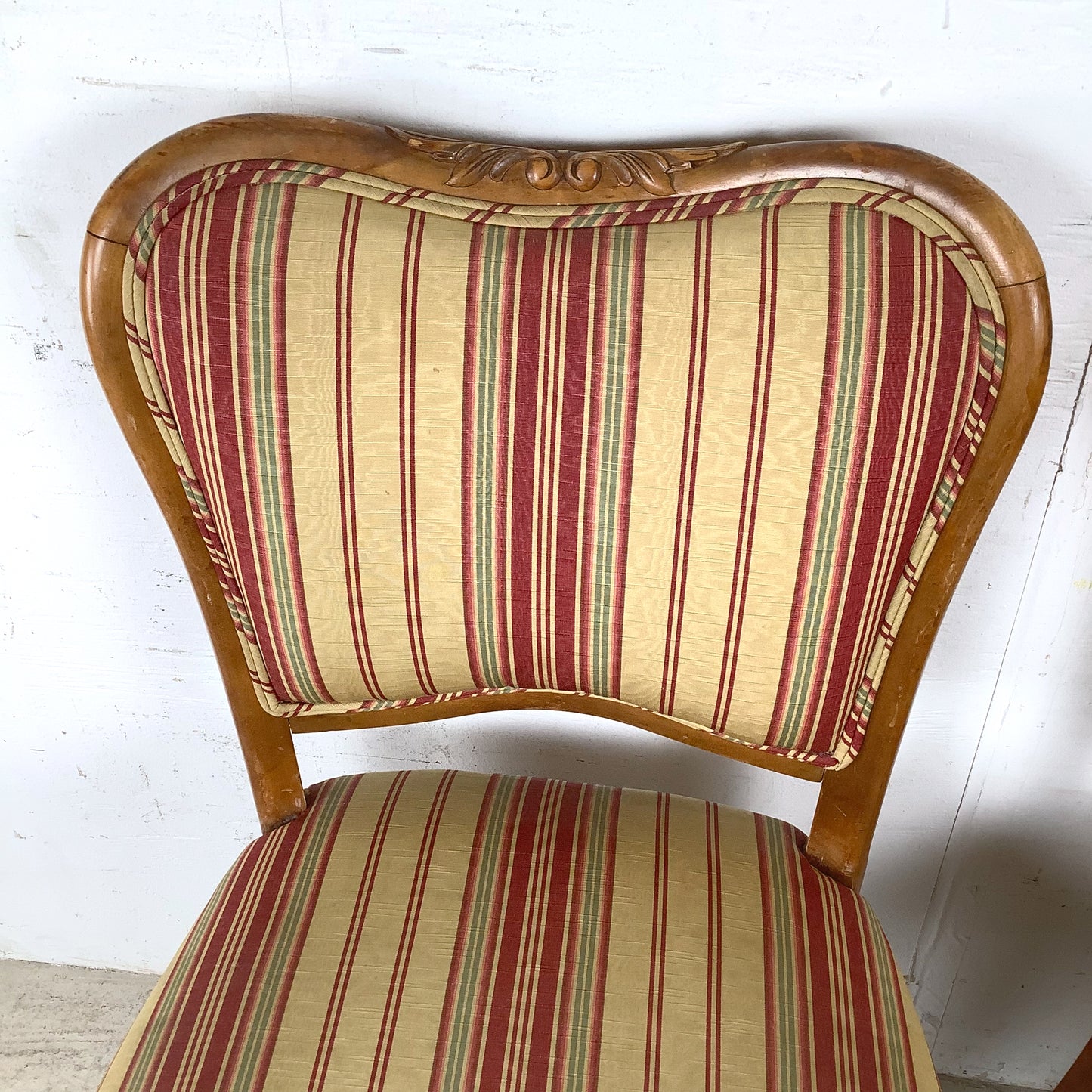 Queen Anne Dining Side Chairs — Set of Four | Walnut Cabriole Legs | Burgundy Stripe Upholstery