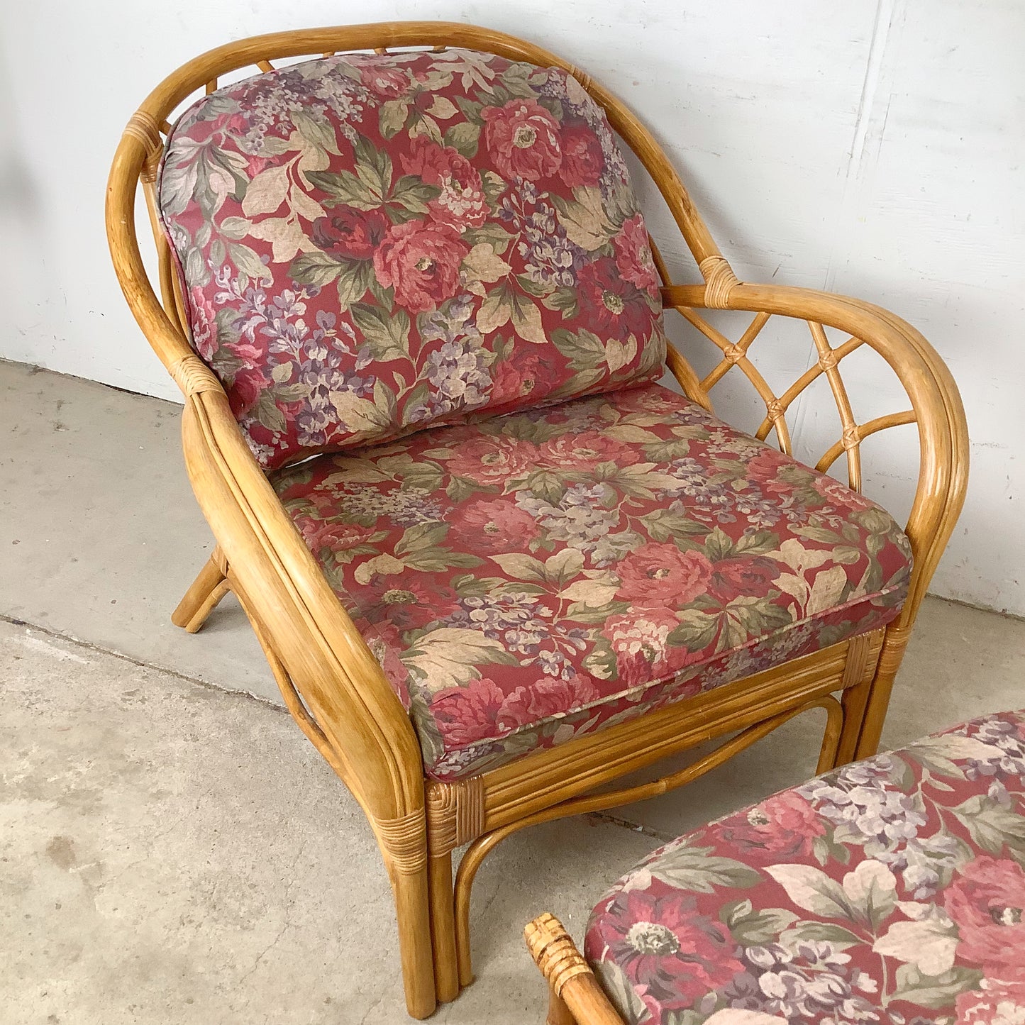 Ficks Reed Style Rattan Lounge Chair and Ottoman | Arched Diamond Lattice Back