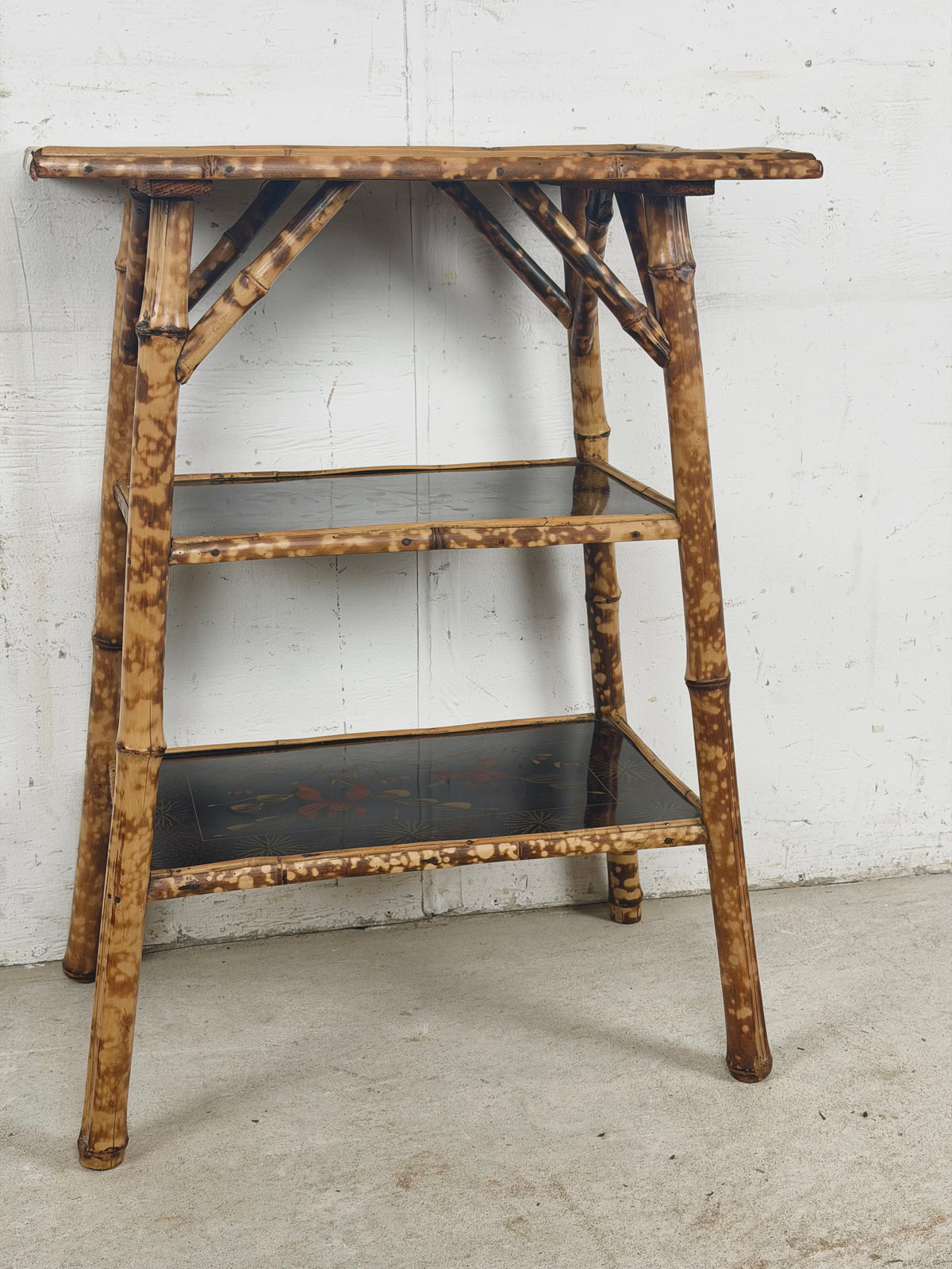 Antique Victorian Aesthetic Movement Tiger Bamboo Three-Tier Side Table with Floral Shelves