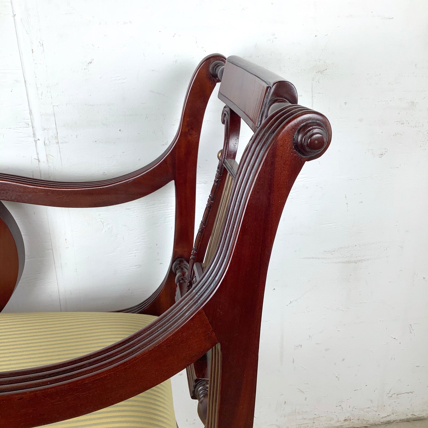 Elegant Vintage Lyre-Back Mahogany Accent Chair With Upholstered Seat