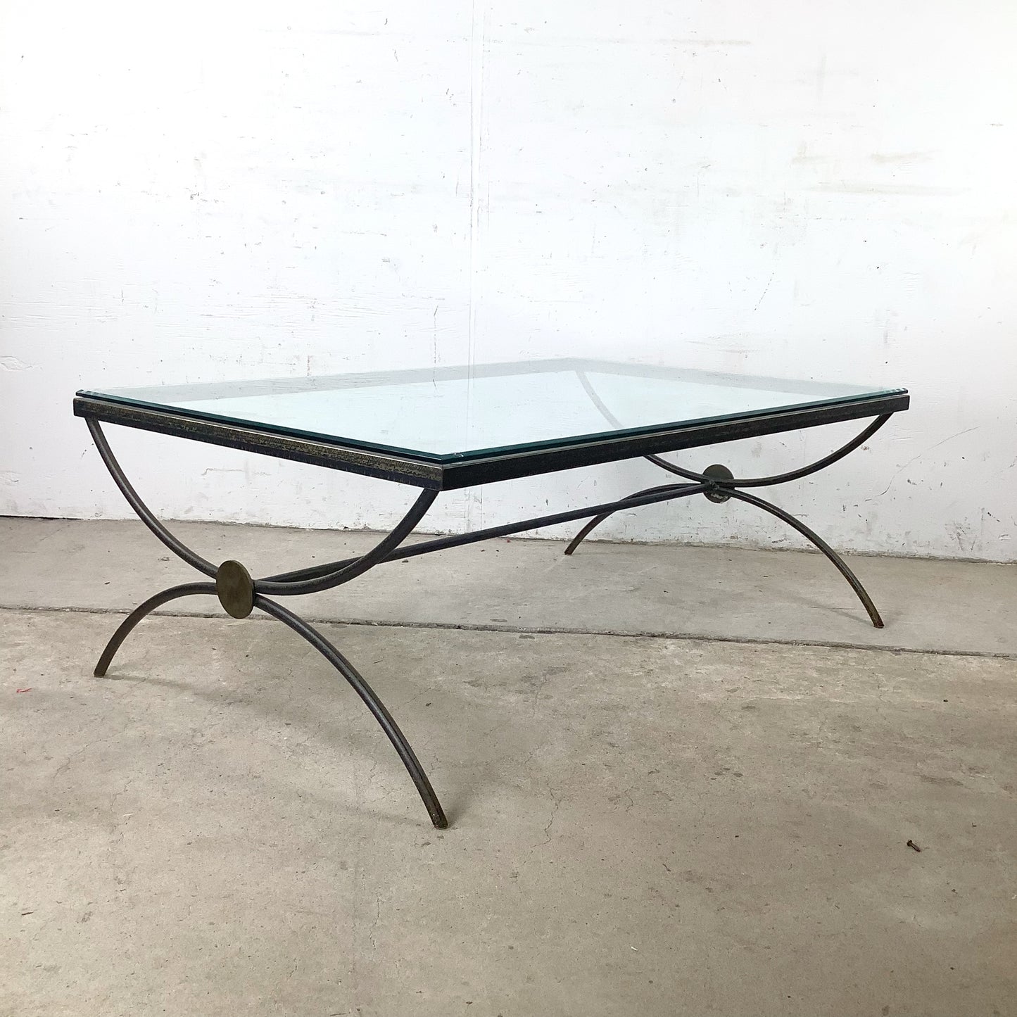 Vintage Modern Glass Coffee Table with Sculptural Wrought Iron Base
